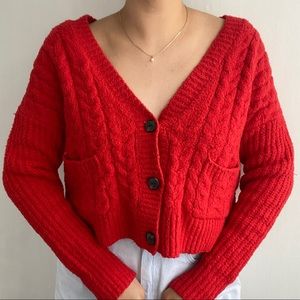 John + Jenn Cropped V Neck Button Pockets Cardigan Sweater Orange